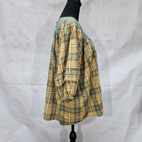 Easel Embroidered Floral & Plaid Oversized Top 100% Cotton Brown Teal Size S - Picture 5 of 8